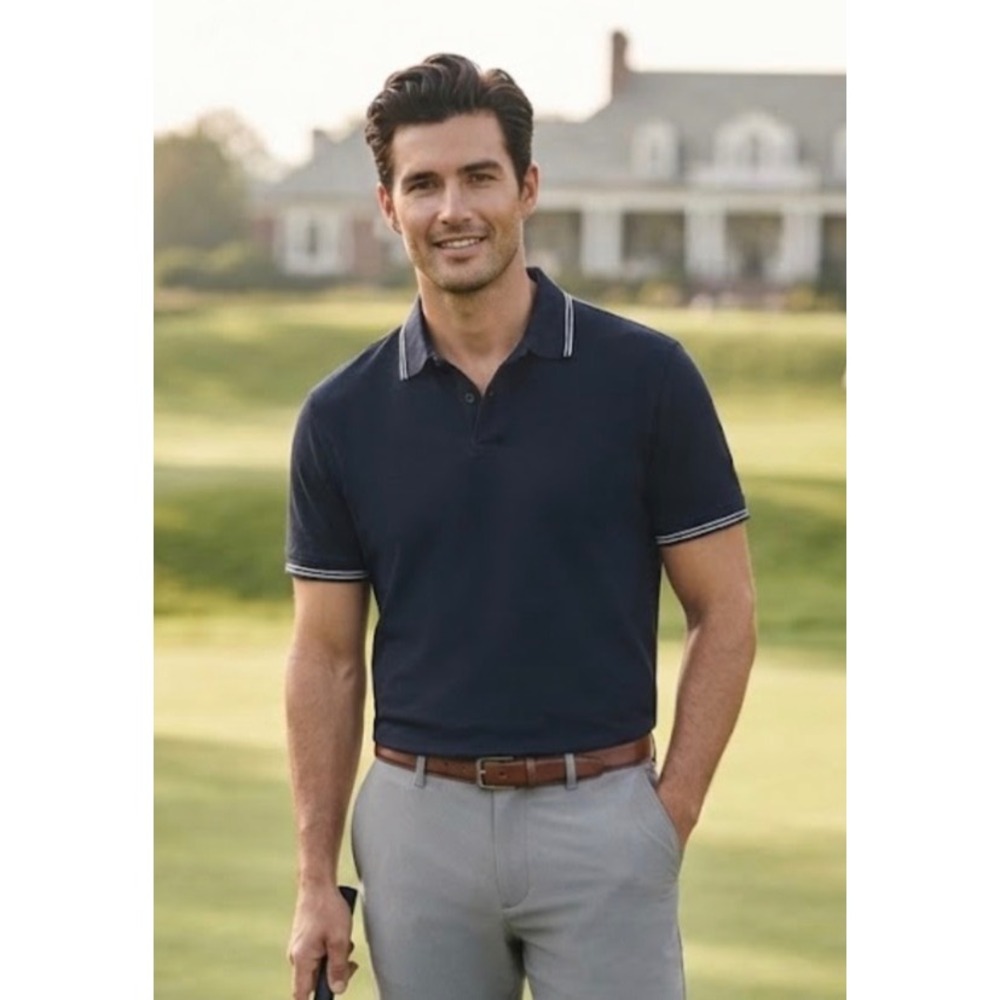 Everlane Mens XL Navy Blue Tipped Pique Cotton Short Sleeve Polo Shirt